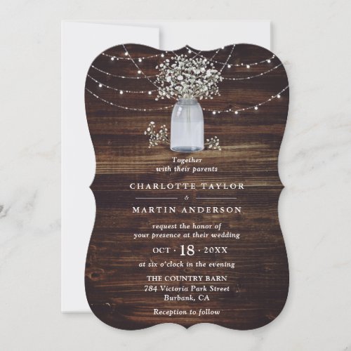 Babys Breath Rustic Wood Mason Jar Wedding Invitation