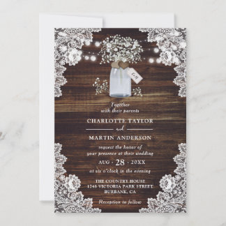 Baby's Breath Rustic Wood Mason Jar Wedding Invitation