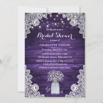 Baby's Breath Rustic Wood Purple Bridal Shower Invitation by palettepaperco at Zazzle