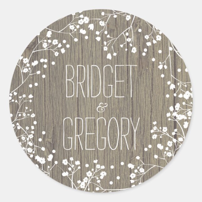 Baby's Breath Rustic Wood Wedding Classic Round Sticker (Front)