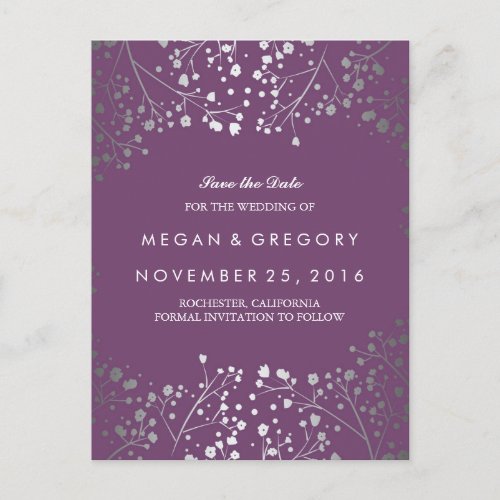 babys breath silver and amethyst save the date announcement postcard