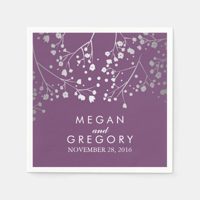 Baby's Breath Silver and Amethyst Wedding Paper Napkins (Front)