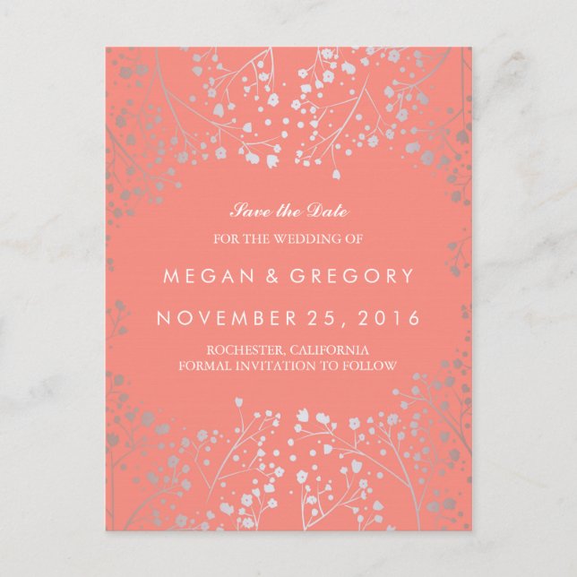 baby's breath silver and coral save the date announcement postcard (Front)