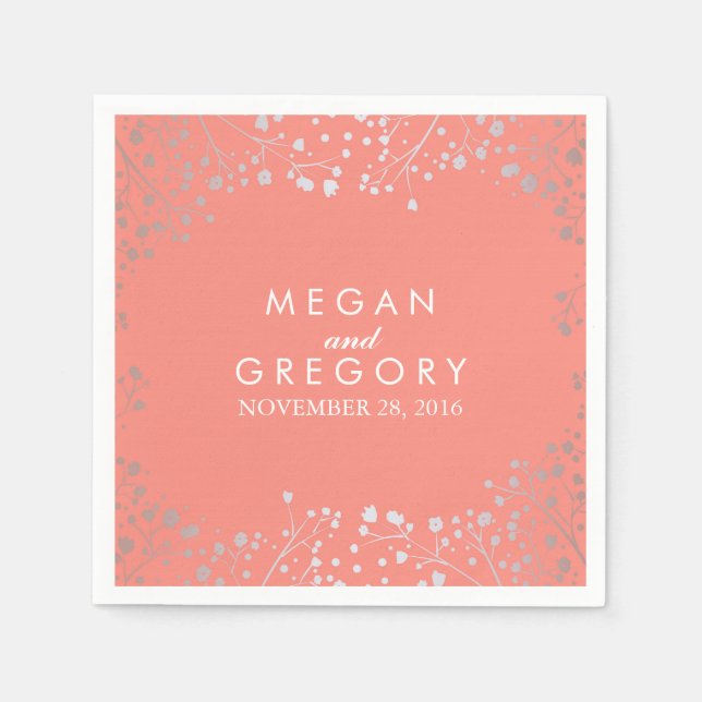 Baby's Breath Silver Coral Wedding Paper Napkins (Front)