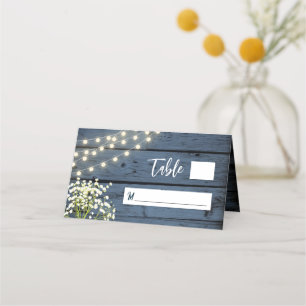 Baby's Breath & String Lights Blue Wood Wedding Place Card