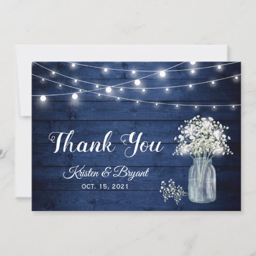 Babys Breath String Lights Navy Blue Wood Wedding Thank You Card