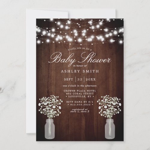 Baby'S Breath String Lights Rustic Baby Shower Invitation