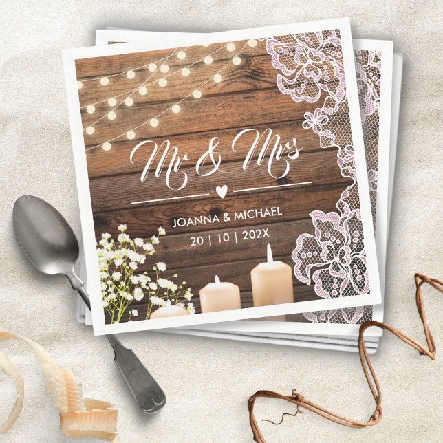 Baby's Breath & String Lights Rustic Wood Wedding  Napkins (Creator Uploaded)