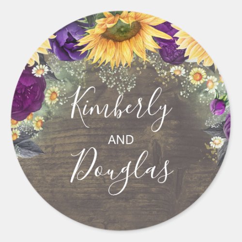 Babys Breath Sunflowers Purple Roses Fall Classic Round Sticker