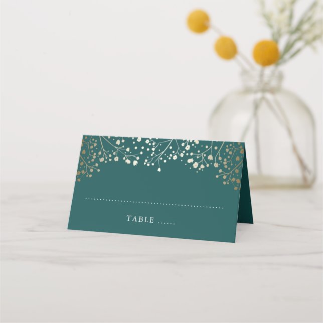 Baby's Breath Teal and Gold Wedding Place Card (Front)