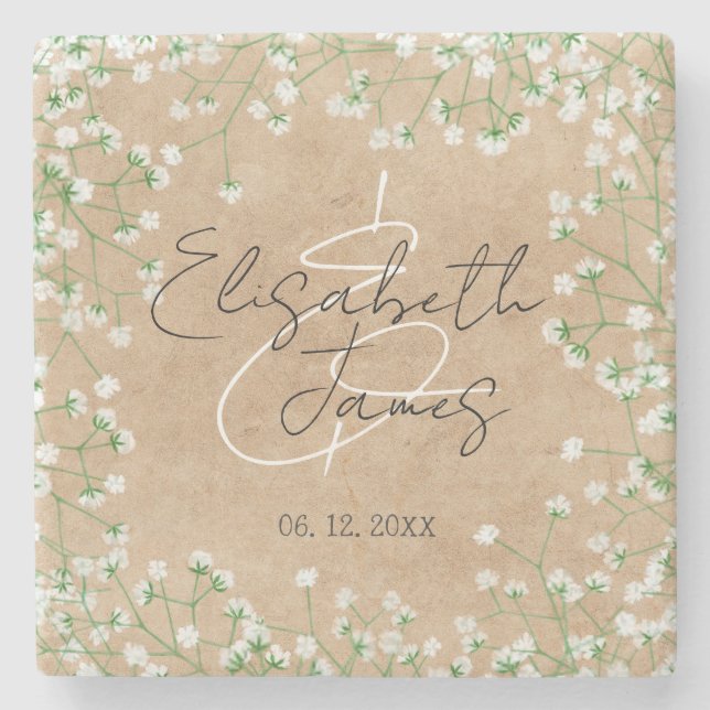    Baby's Breath Watercolor Flowers Rustic Wedding Stone Coaster (Front)