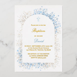 Baby's Breath white blue baby boy Baptism Foil Invitation