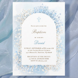 Baby's Breath white blue baby boy Baptism Invitation