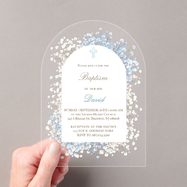 Baby's Breath white blue flowers Baptism Acrylic Invitations (Insitu (Handheld))