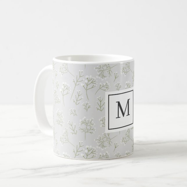 Baby's Breath White Floral Gypsophila Monogram Coffee Mug (Front Left)