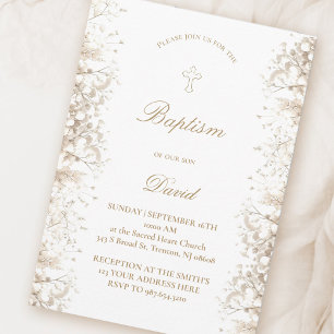 Baby's Breath white flowers baby boy Baptism Invitation