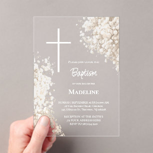 Baby's Breath white flowers Baptism Acrylic Invitations