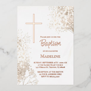 baby's breath white flowers Baptism Foil Invitation