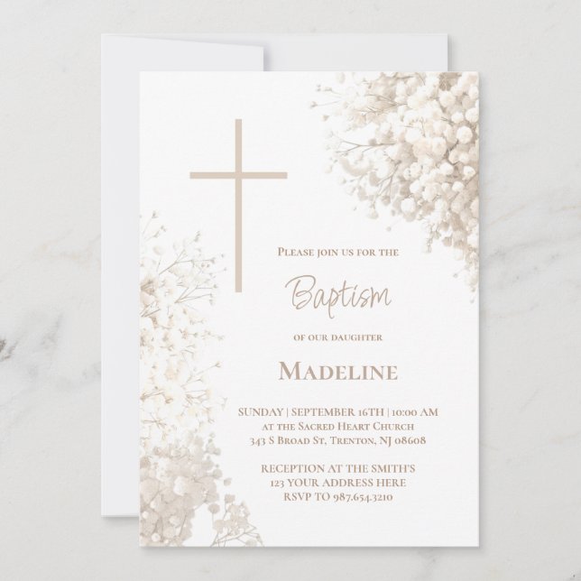 Baby's Breath white flowers Baptism Invitation (Front)
