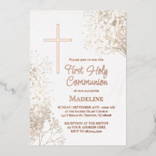 baby's breath white flowers First Holy Communion Foil Invitation