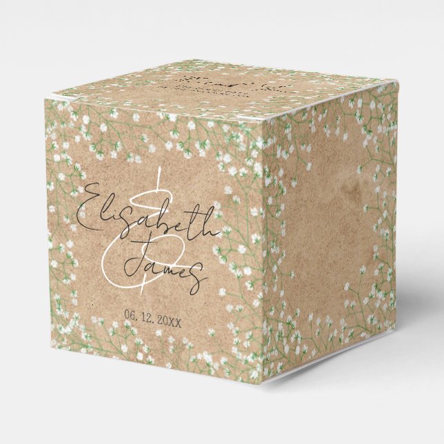    Baby's Breath White Flowers Rustic Boho Wedding Favor Boxes (Front Side)