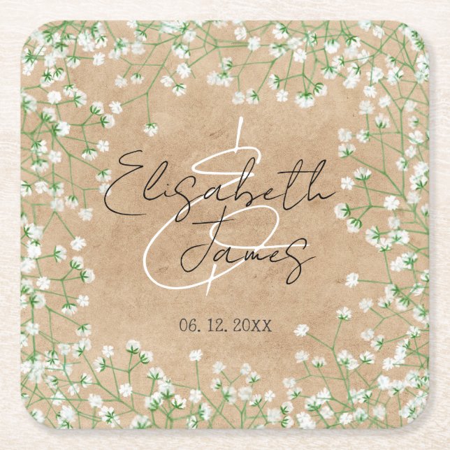    Baby's Breath White Flowers Rustic Boho Wedding Square Paper Coaster (Front)
