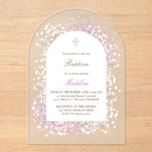 Baby's Breath white lilac baby girl Baptism Acrylic Invitations