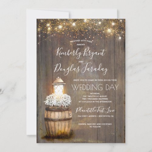 Babys Breath Wine Barrel Rustic Lantern Wedding Invitation