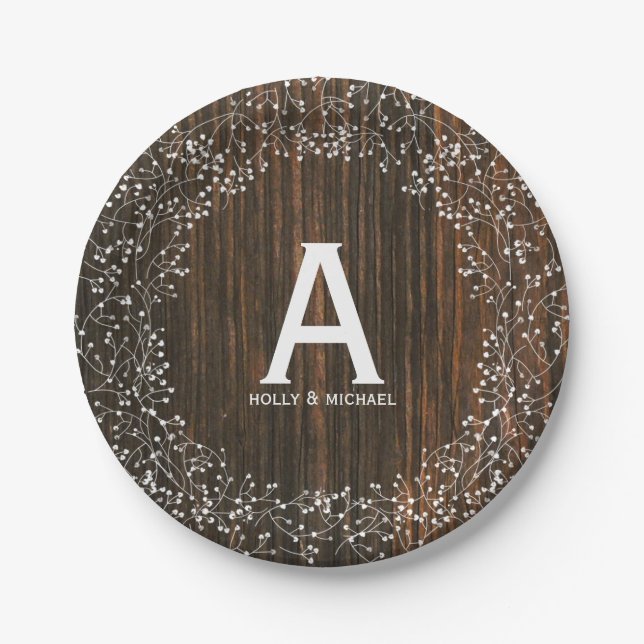 Baby's Breath Wood Inspired Monogrammed Wedding Paper Plates (Front)