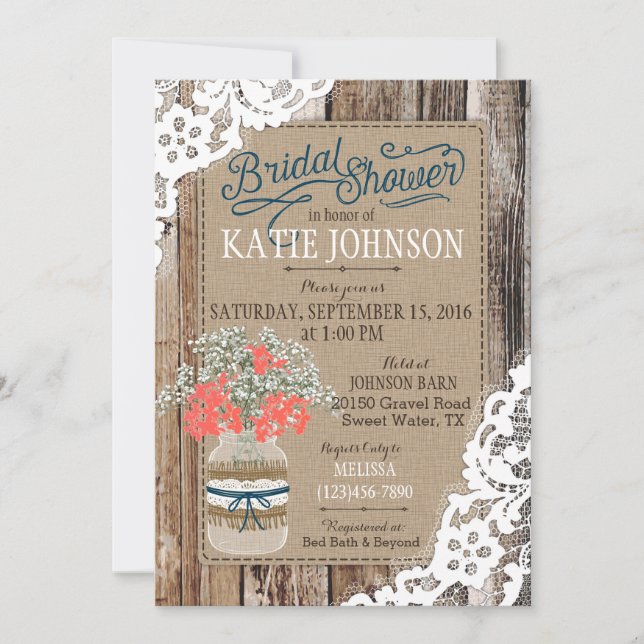 Baby's Breath Wood Lace Rustic Bridal Shower Invitation (Front)