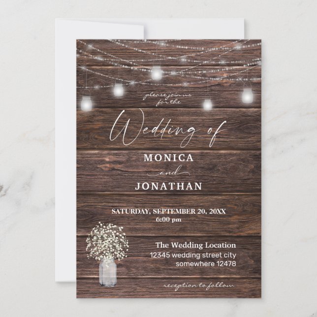 Baby's Breath Wood & Mason Jar String Lights Invitation (Front)
