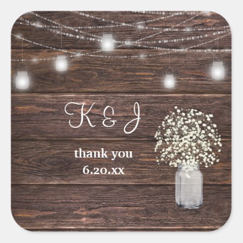 Babys Breath Wood  Mason Jar String Lights Square Sticker