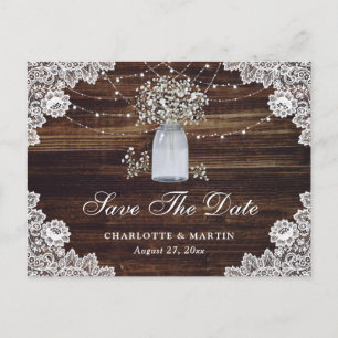 Baby's Breath Wood Mason Jar Wedding Save The Date Announcement Postcard