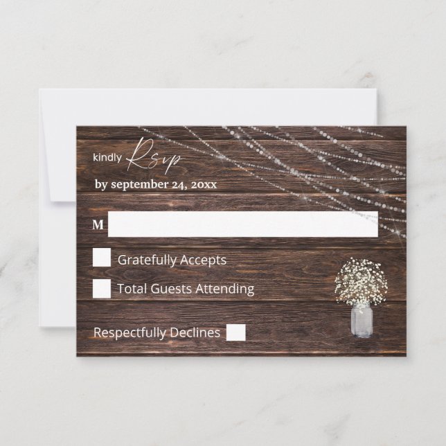 Baby's Breath, Wood & String Lights no Meal RSVP C Card (Front)