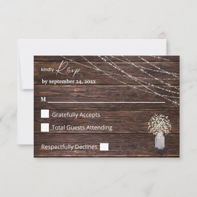 Baby's Breath, Wood & String Lights no Meal RSVP Card (Front)