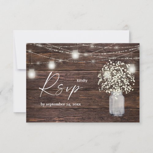 Babys Breath Wood  String Lights with Meal RSVP Card