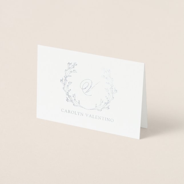 Baby's Breath Wreath Silver Monogram Foil Card (Front)
