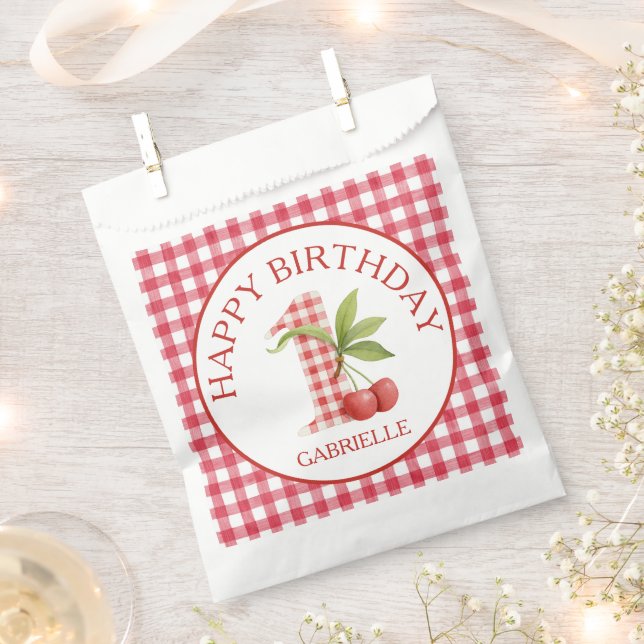 Baby's Cherry First Red Gingham Birthday  Favor Bag (Clipped)