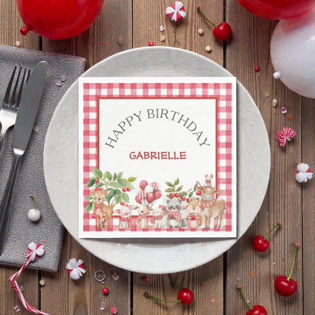 Baby's Cherry First Red Gingham Birthday Napkins (Creator Uploaded)