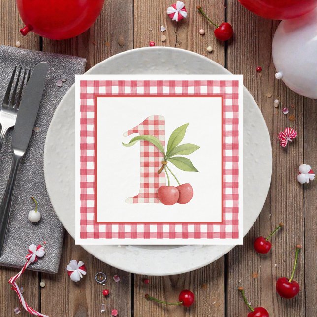 Baby's Cherry First Red Gingham Birthday Napkins (Creator Uploaded)