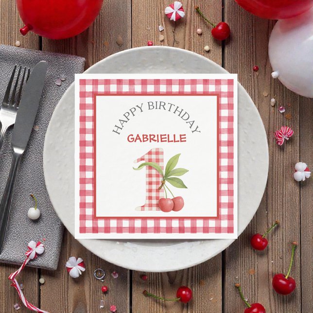 Baby's Cherry First Red Gingham Birthday Napkins (Creator Uploaded)