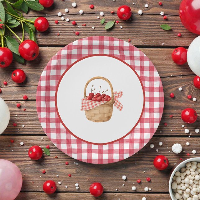 Baby's Cherry First Red Gingham Birthday Paper Plates (Creator Uploaded)