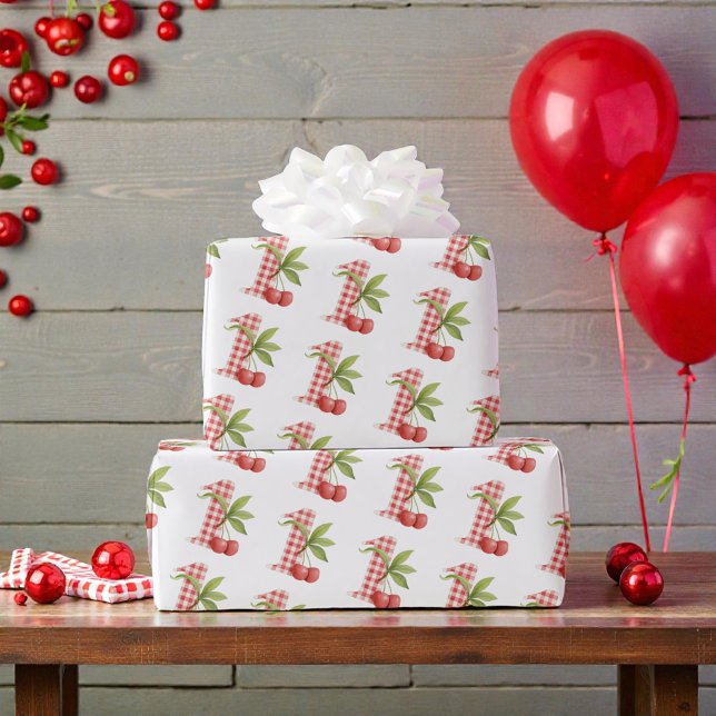 Baby's Cherry First Red Gingham Birthday Wrapping Paper (Creator Uploaded)
