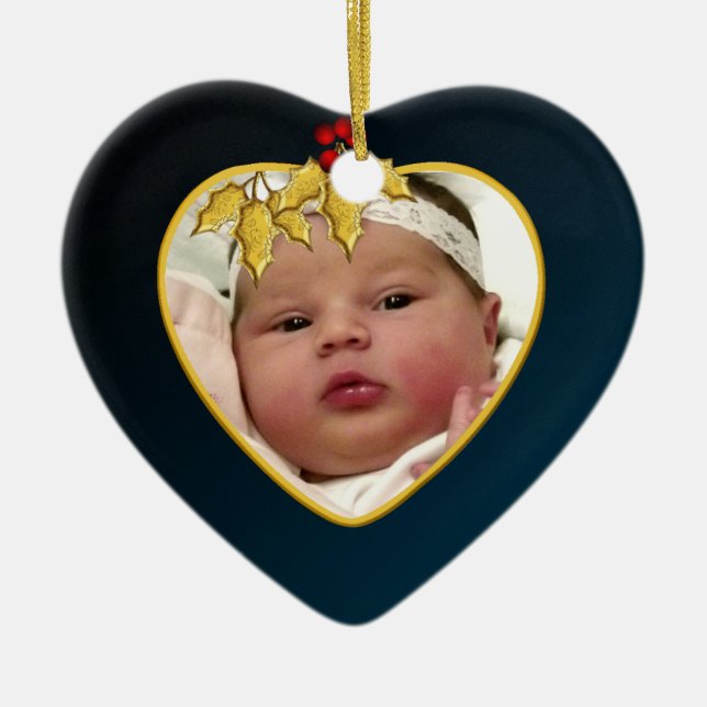 Baby's Dark Blue and Gold Photo Christmas Heart Ceramic Ornament (Front)