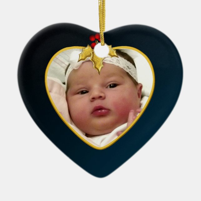 Baby's Dark Blue Photo Keepsake Christmas Heart Ceramic Ornament (Front)