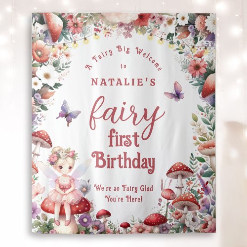 Babys Fairy First Birthday Party Welcome Backdrop