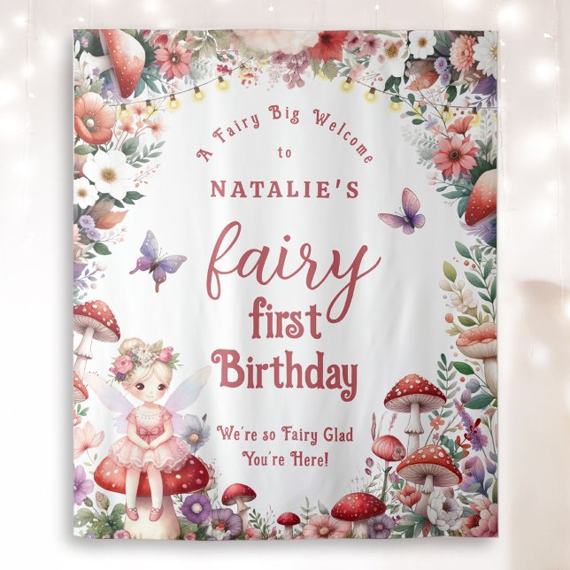 Baby's Fairy First Birthday Party Welcome Backdrop (Fairy First Birthday Welcome Backdrop with Blonde Hair Fairy Girl and Enchanted Garden.)