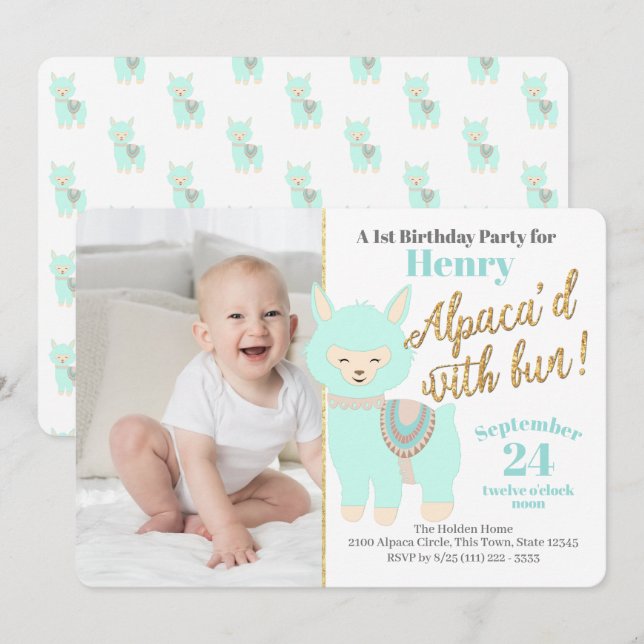 Baby's First Alpaca Birthday Party with Photo Invitation (Front/Back)