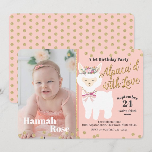 Baby's First Alpaca Birthday Party with Photo Invitation (Front/Back)