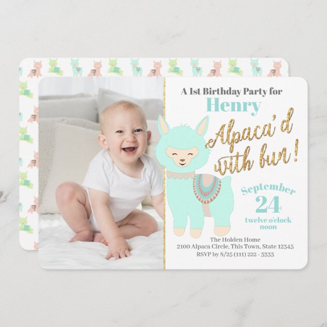 Baby's First Alpaca Birthday Party with Photo Invitation (Front/Back)